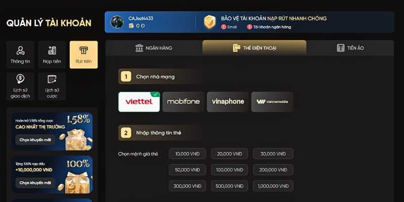 Chọn hình thức rút tiền Soc88 qua thẻ cào và làm theo yêu cầu