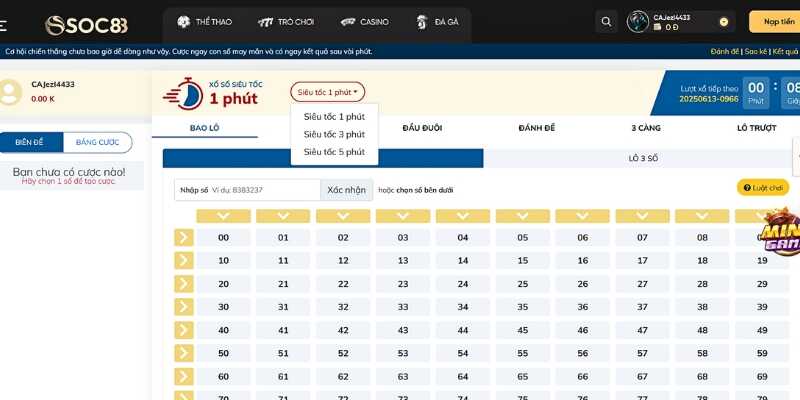 Người chơi chọn số và đặt cược xổ số siêu tốc Soc88