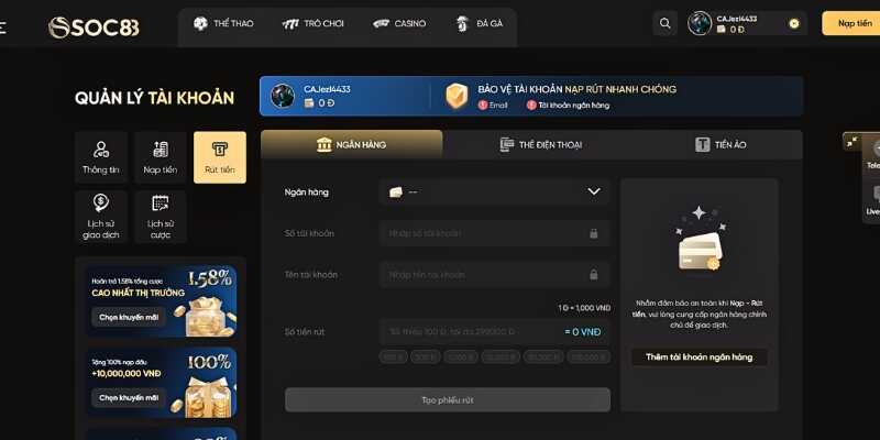 Người chơi chọn vào phương thức rút tiền Soc88